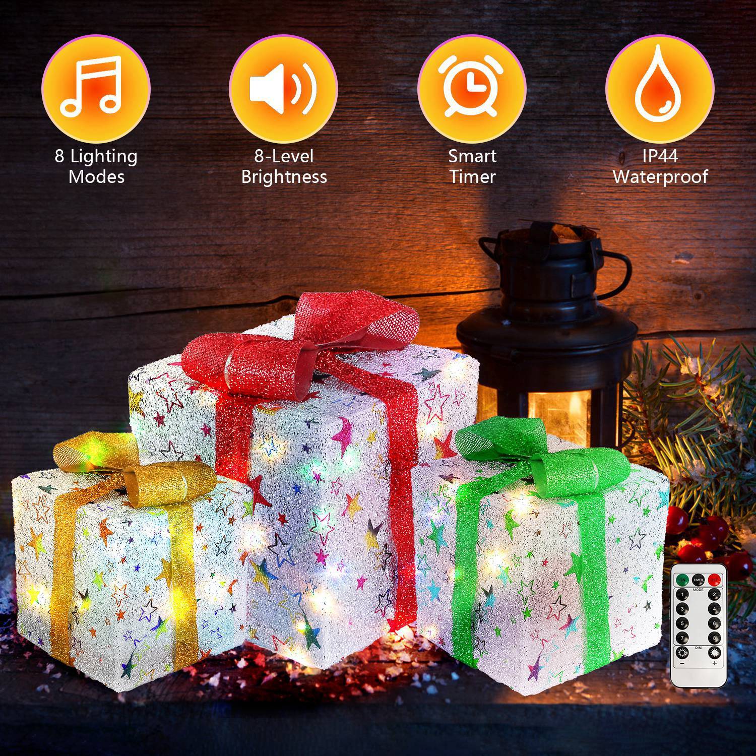 Star-Deer Pattern Options -- Set Of 3 Christmas Lighted Gift Boxes Xmas Present Ornament 50 LED Christmas Box Decorations With Ribbon Bows IP44 Waterproof Battery Powered For Indoor Outdoor Decor