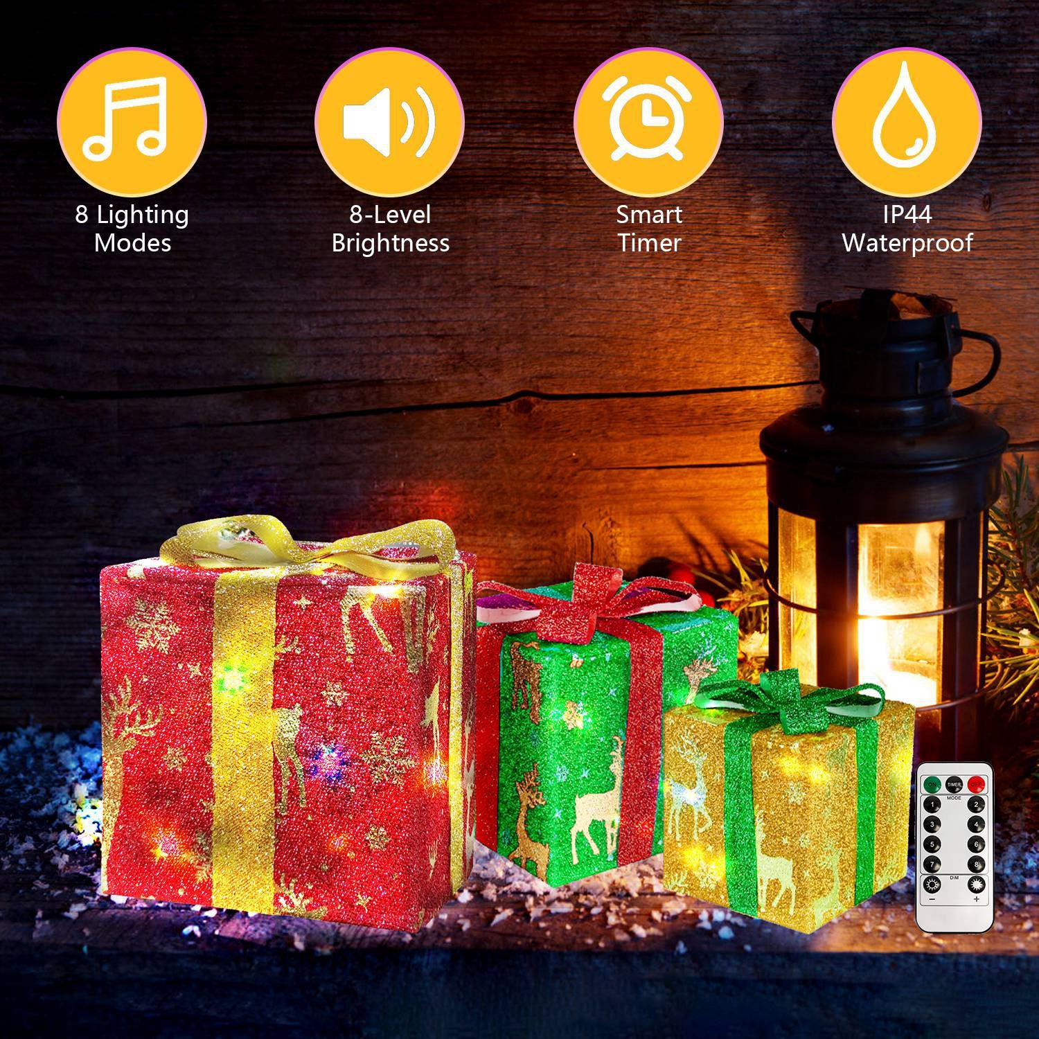 Star-Deer Pattern Options -- Set Of 3 Christmas Lighted Gift Boxes Xmas Present Ornament 50 LED Christmas Box Decorations With Ribbon Bows IP44 Waterproof Battery Powered For Indoor Outdoor Decor