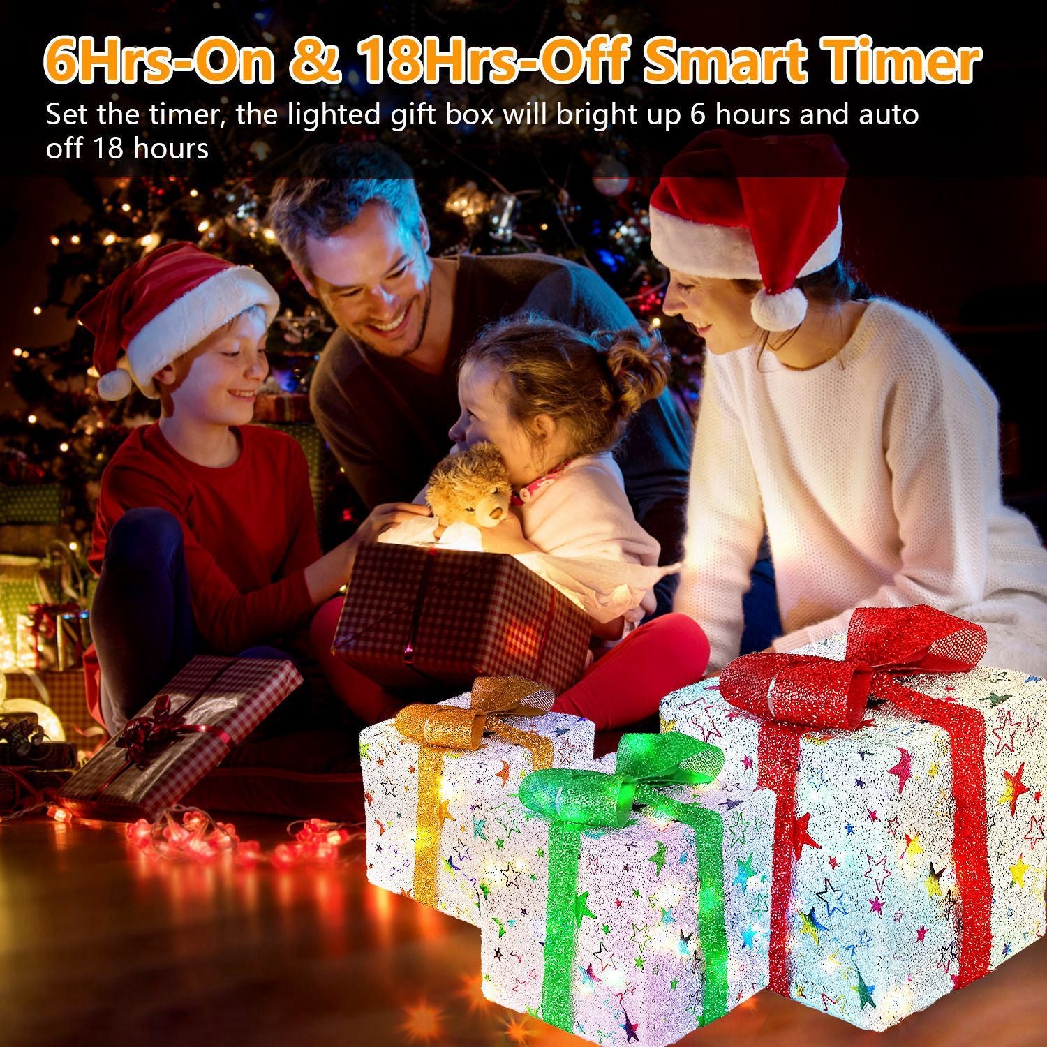 Star-Deer Pattern Options -- Set Of 3 Christmas Lighted Gift Boxes Xmas Present Ornament 50 LED Christmas Box Decorations With Ribbon Bows IP44 Waterproof Battery Powered For Indoor Outdoor Decor