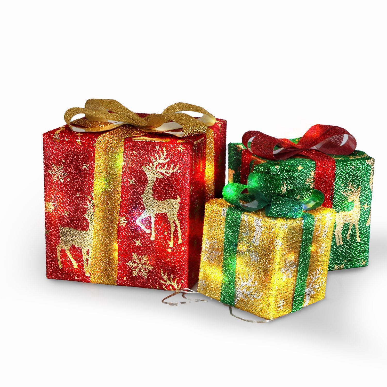 Star-Deer Pattern Options -- Set Of 3 Christmas Lighted Gift Boxes Xmas Present Ornament 50 LED Christmas Box Decorations With Ribbon Bows IP44 Waterproof Battery Powered For Indoor Outdoor Decor