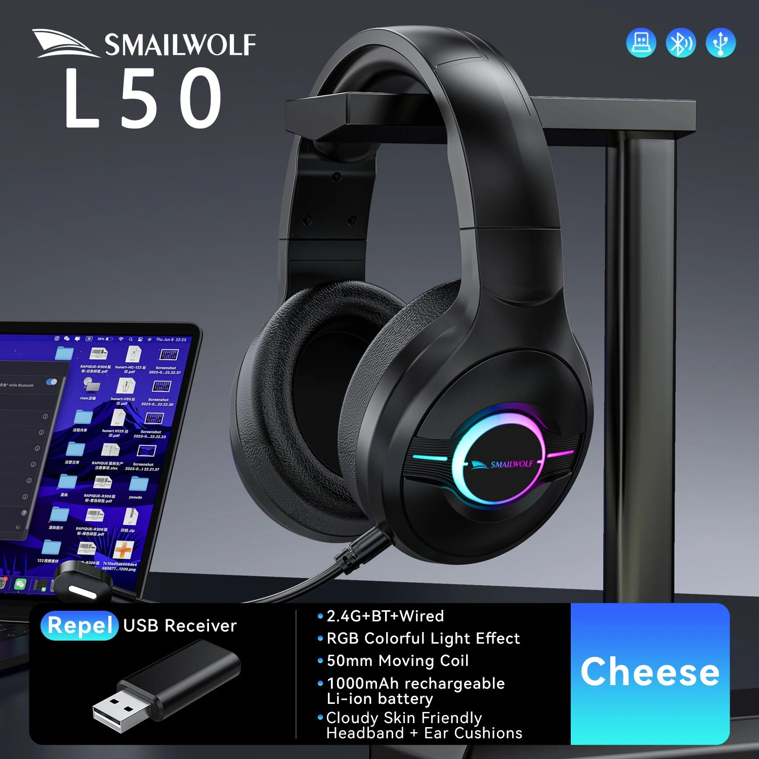 SmailWolf-L80 Bluetooth wireless three-mode headphones