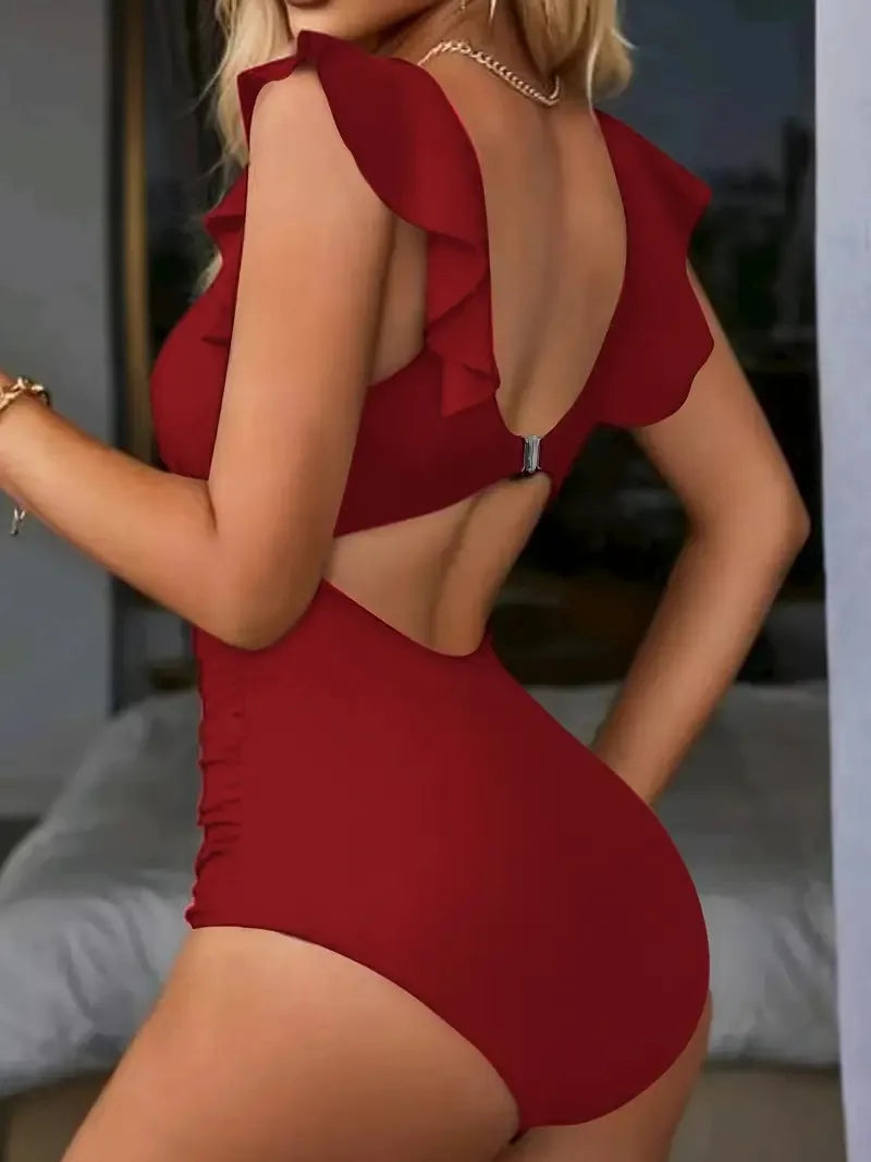 Contrast Mesh One Piece Swimsuit, V Neck