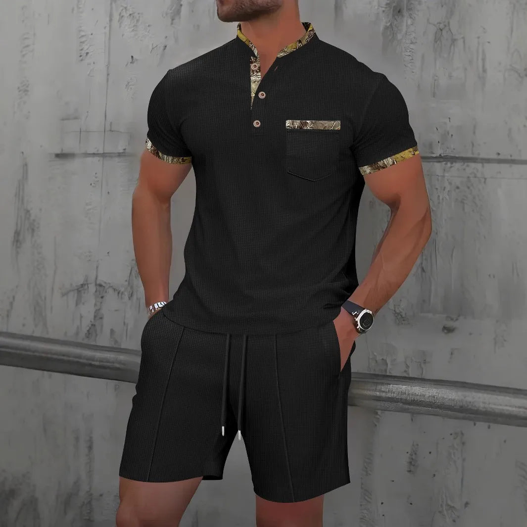 2025 Men new summer Waffle solid color zip-up lapel short-sleeve suit shorts