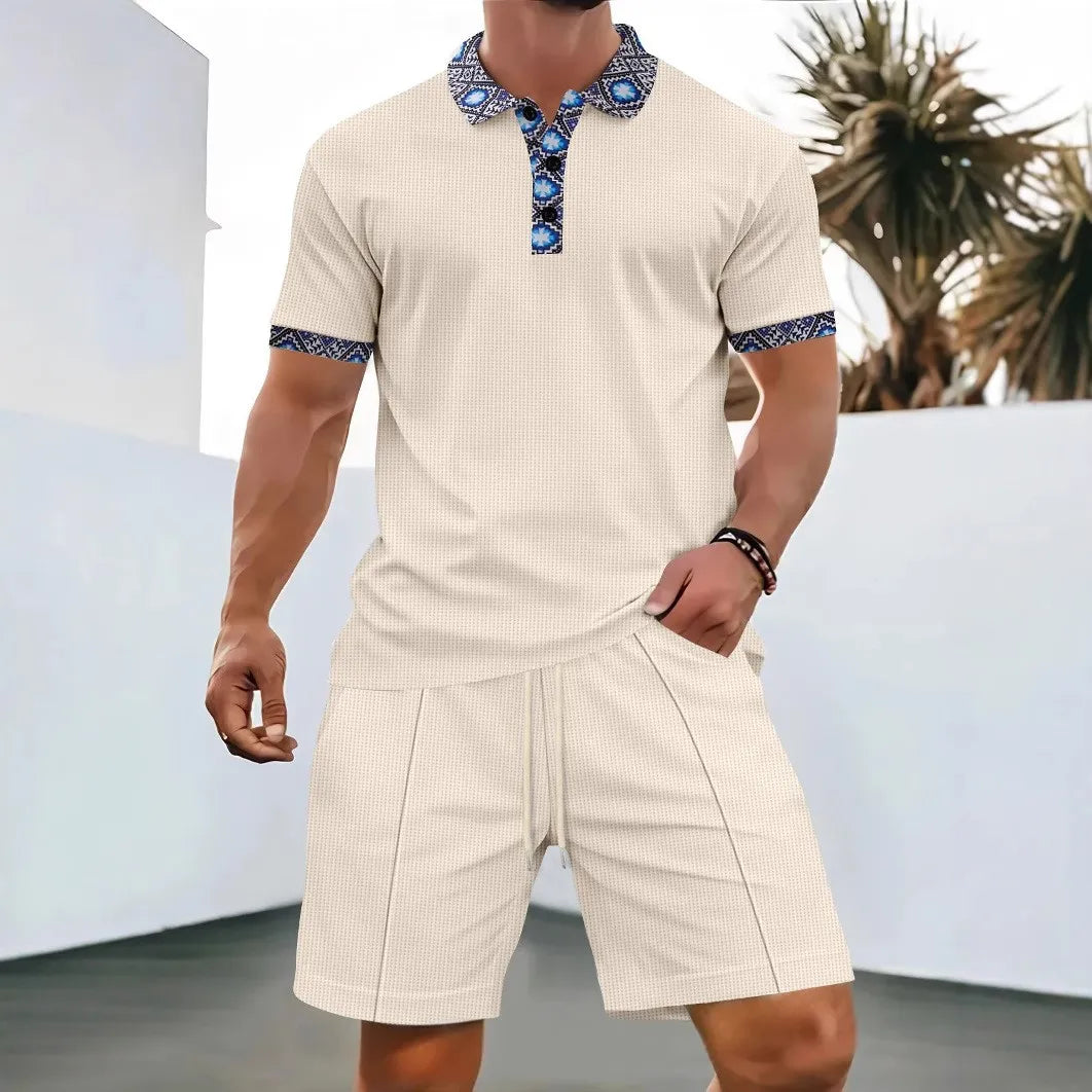 2025 Men new summer Waffle solid color zip-up lapel short-sleeve suit shorts