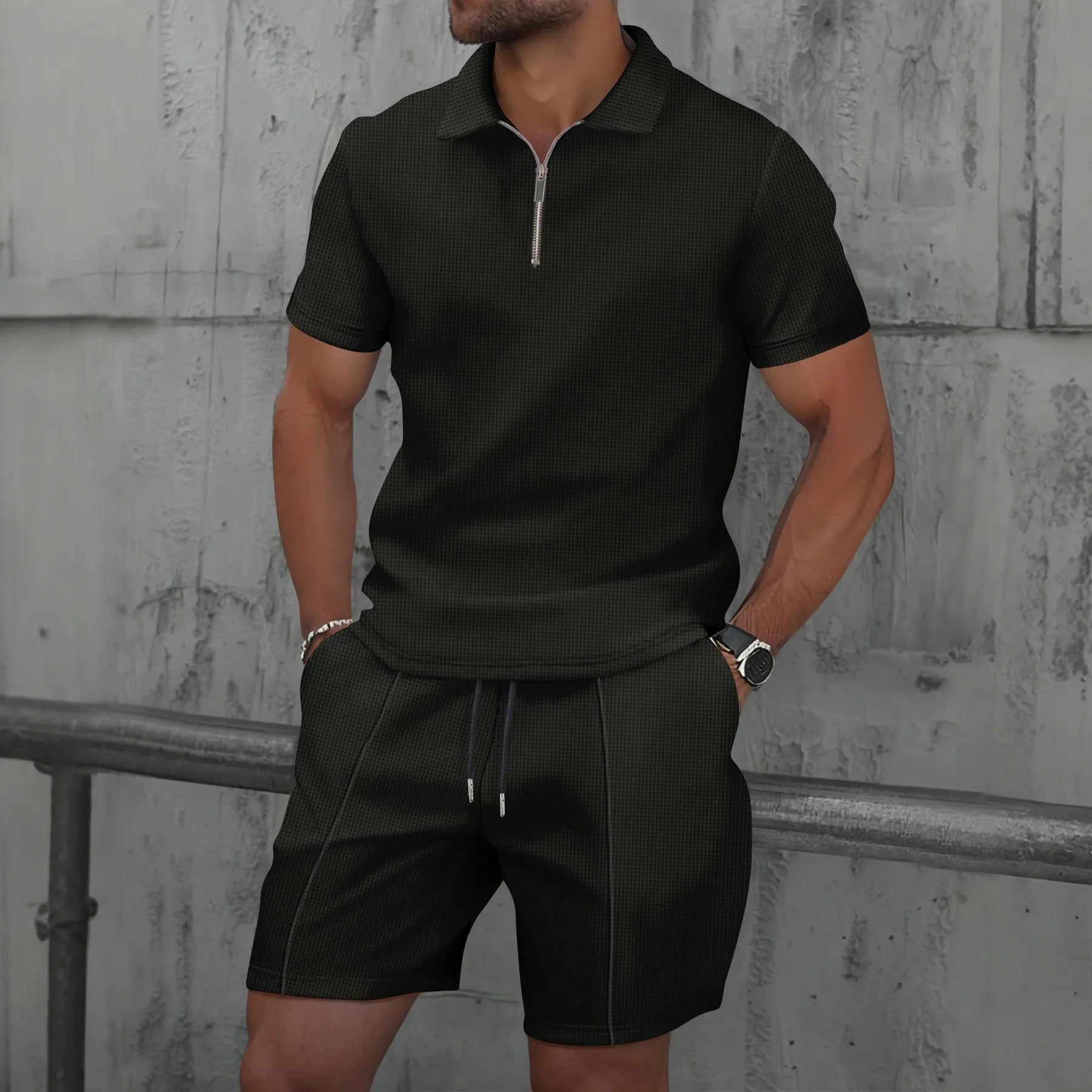 2025 Men new summer Waffle solid color zip-up lapel short-sleeve suit shorts