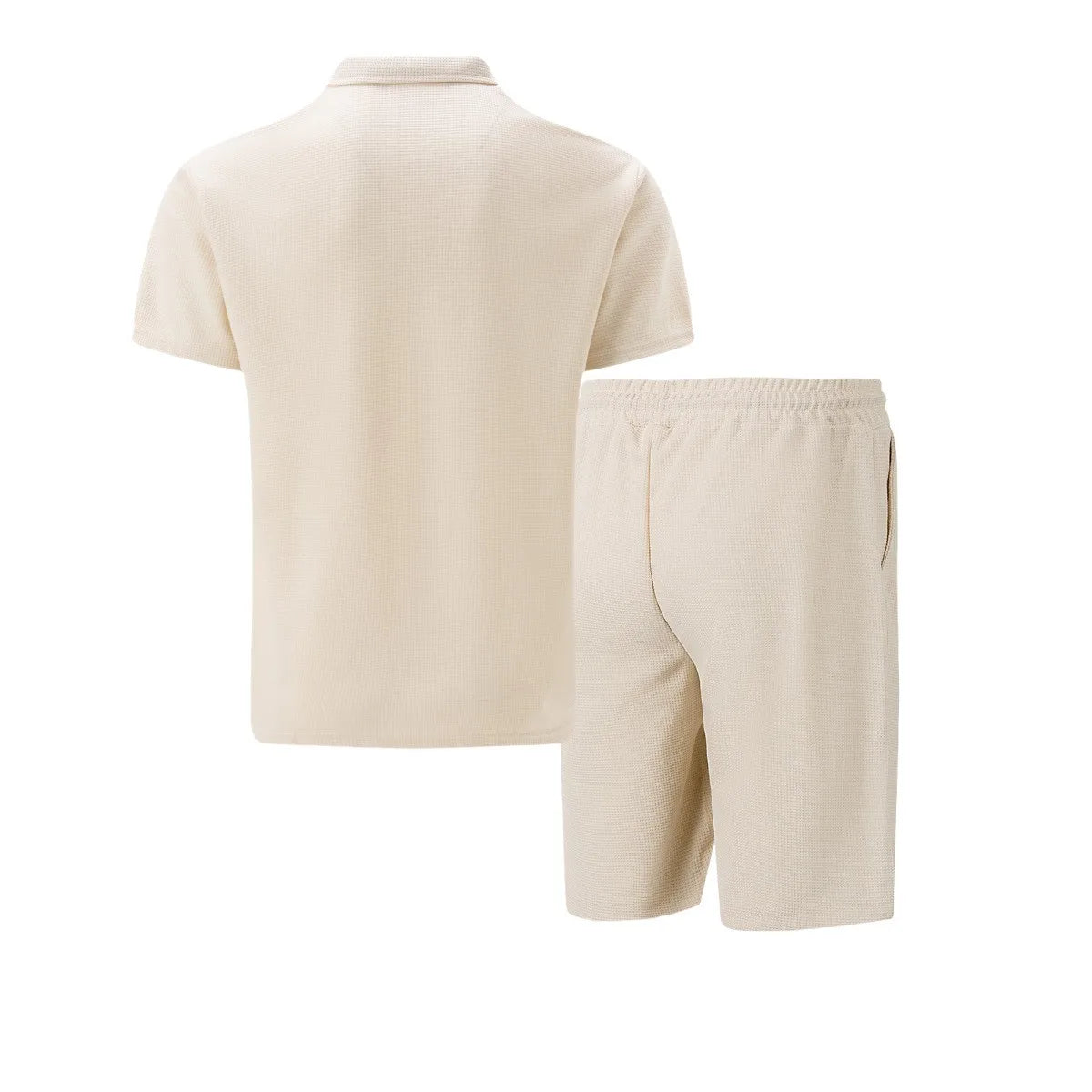 2025 Men new summer Waffle solid color zip-up lapel short-sleeve suit shorts