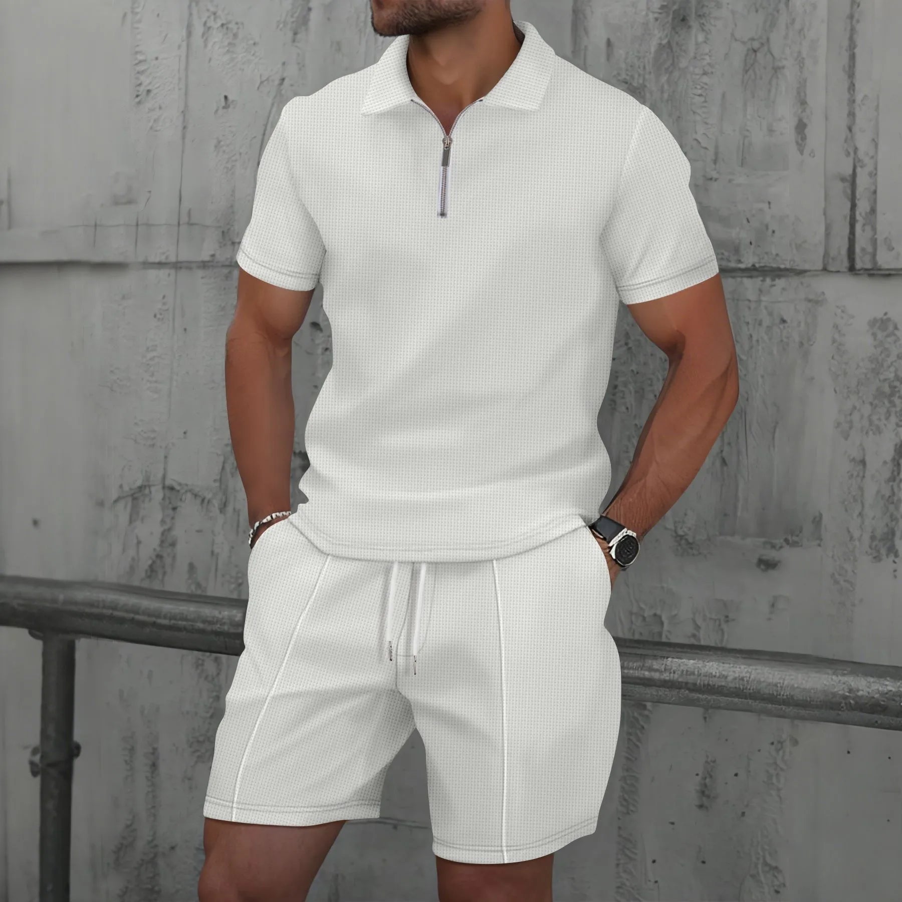 2025 Men new summer Waffle solid color zip-up lapel short-sleeve suit shorts