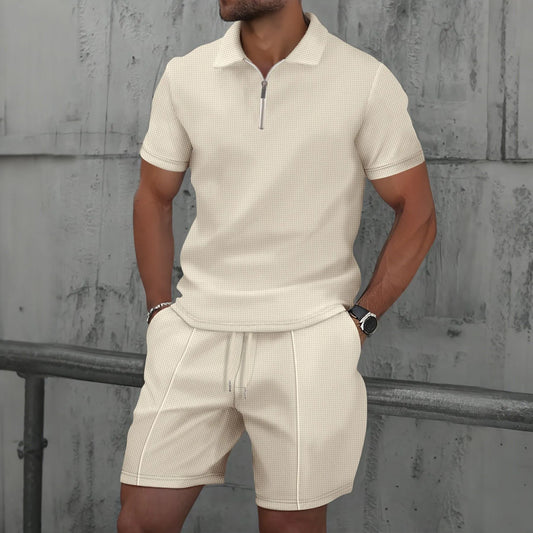 2025 Men new summer Waffle solid color zip-up lapel short-sleeve suit shorts