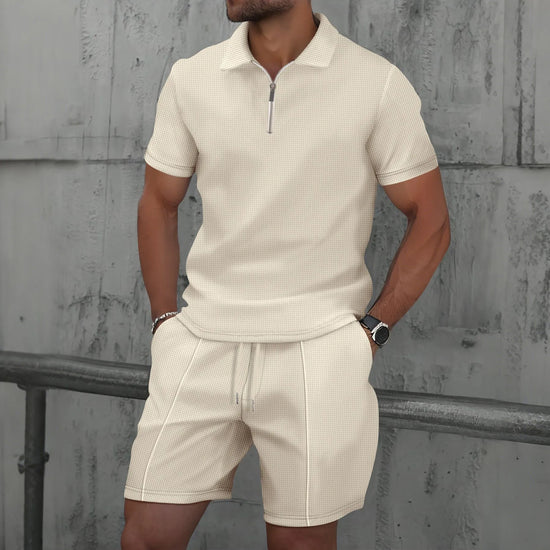 2025 Men new summer Waffle solid color zip-up lapel short-sleeve suit shorts