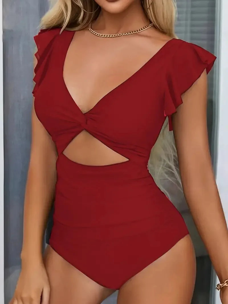 Contrast Mesh One Piece Swimsuit, V Neck
