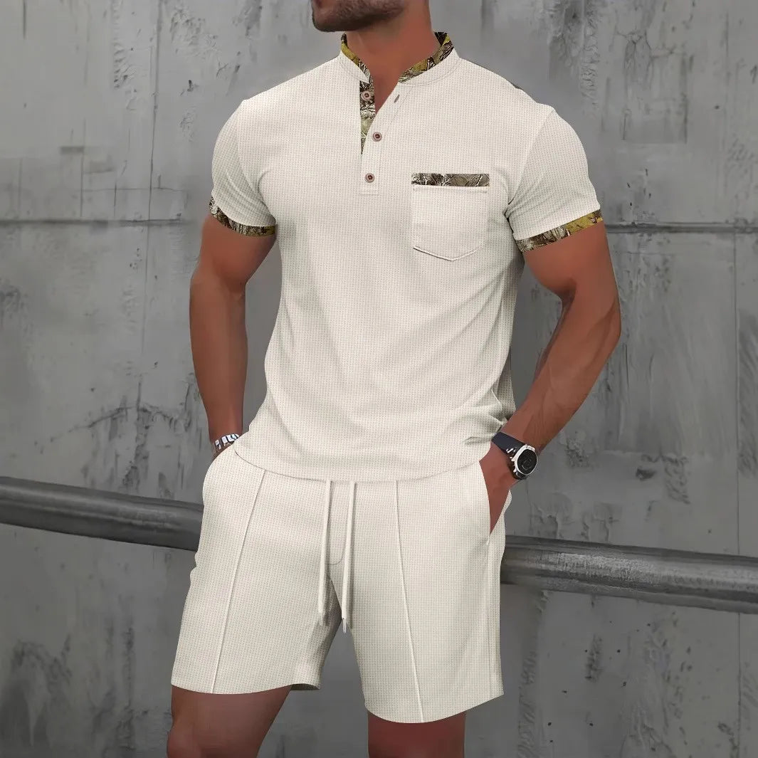 2025 Men new summer Waffle solid color zip-up lapel short-sleeve suit shorts
