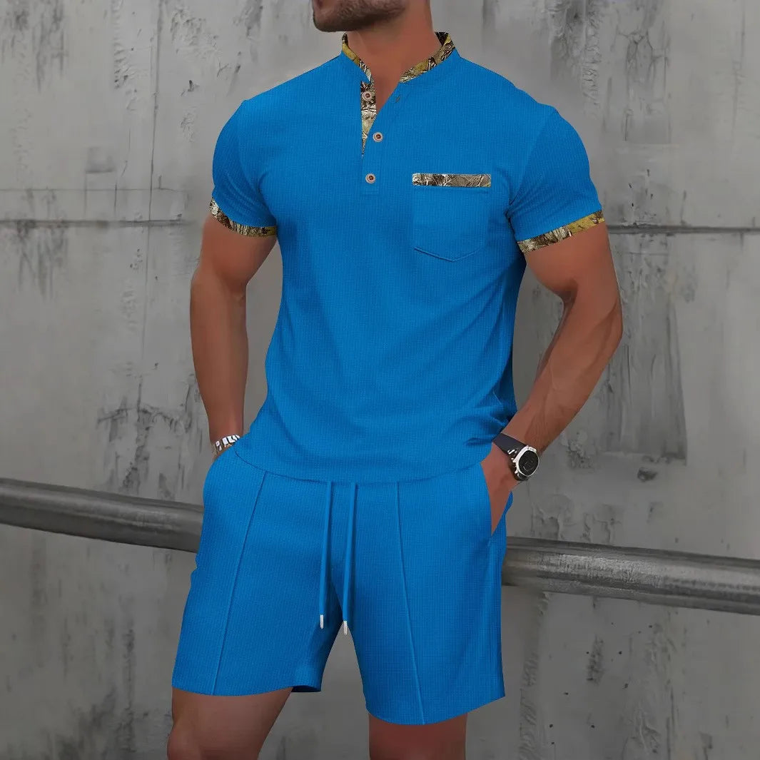 2025 Men new summer Waffle solid color zip-up lapel short-sleeve suit shorts