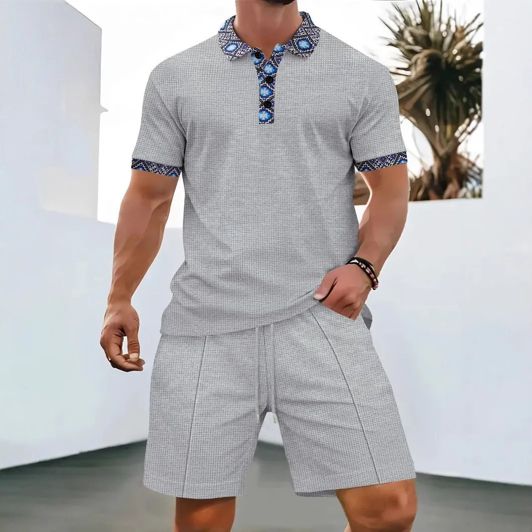 2025 Men new summer Waffle solid color zip-up lapel short-sleeve suit shorts
