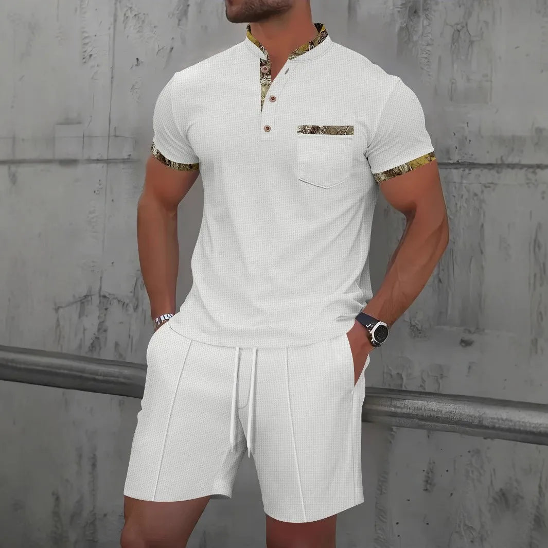 2025 Men new summer Waffle solid color zip-up lapel short-sleeve suit shorts