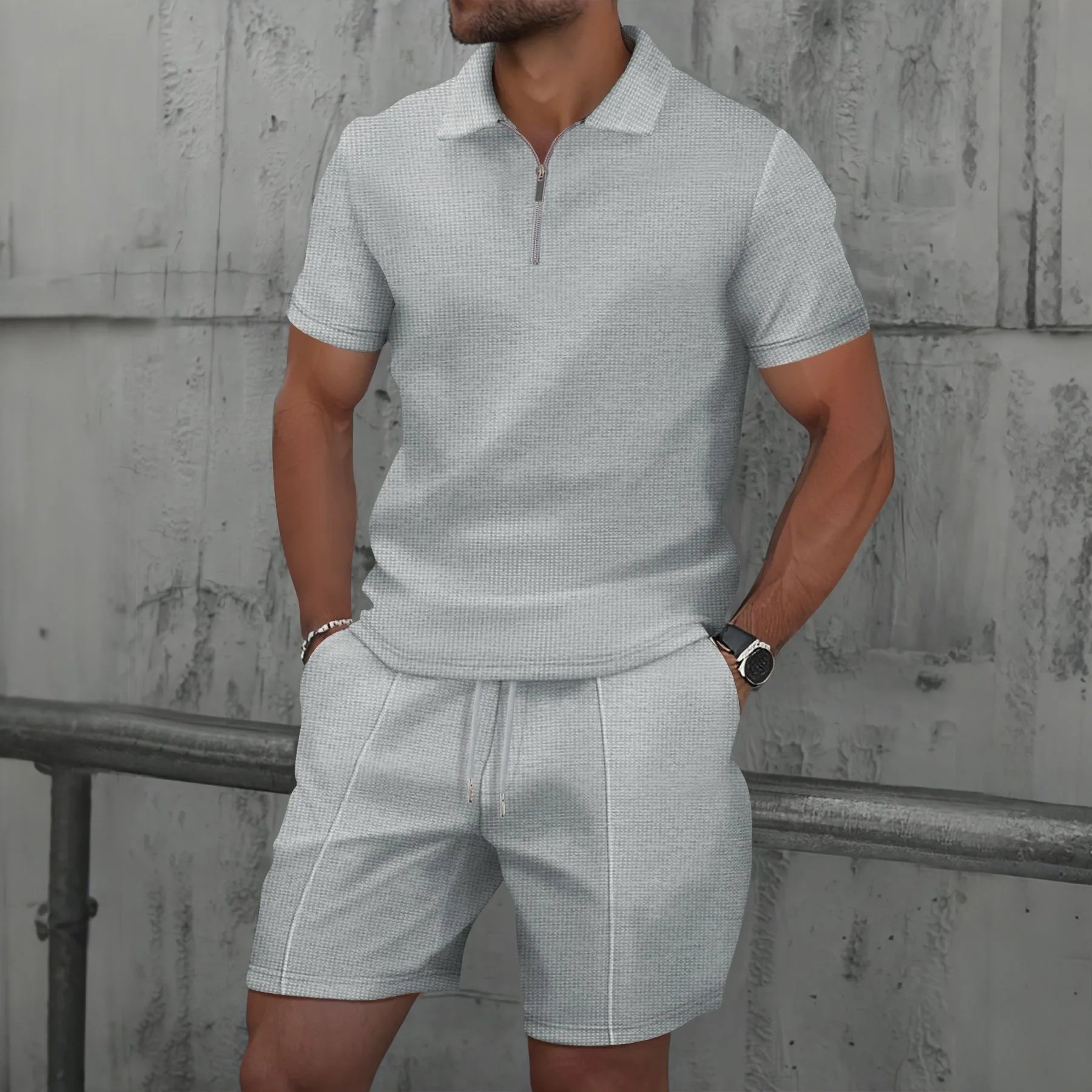 2025 Men new summer Waffle solid color zip-up lapel short-sleeve suit shorts