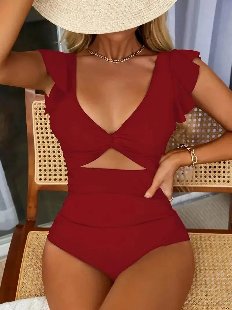 Contrast Mesh One Piece Swimsuit, V Neck