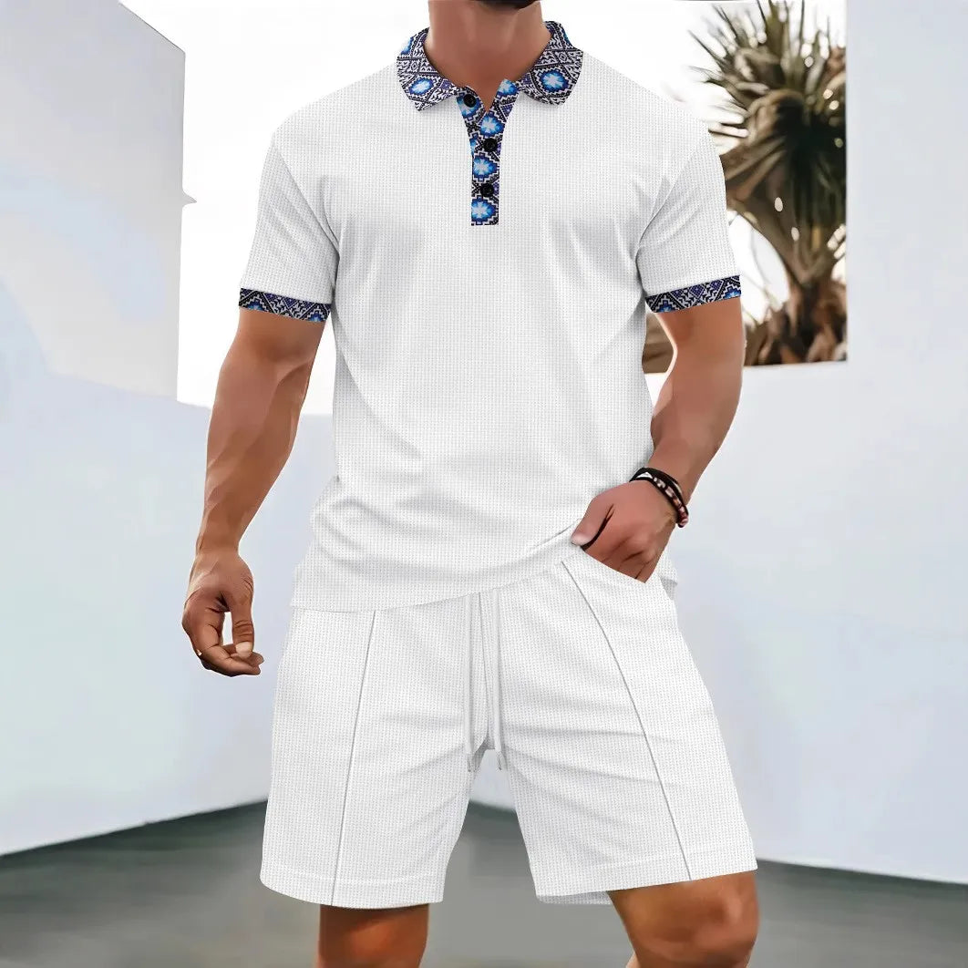 2025 Men new summer Waffle solid color zip-up lapel short-sleeve suit shorts