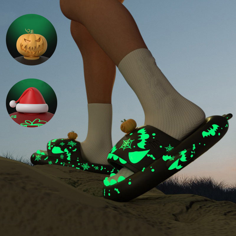 Glowing green slippers worn with socks on a blurred outdoor background