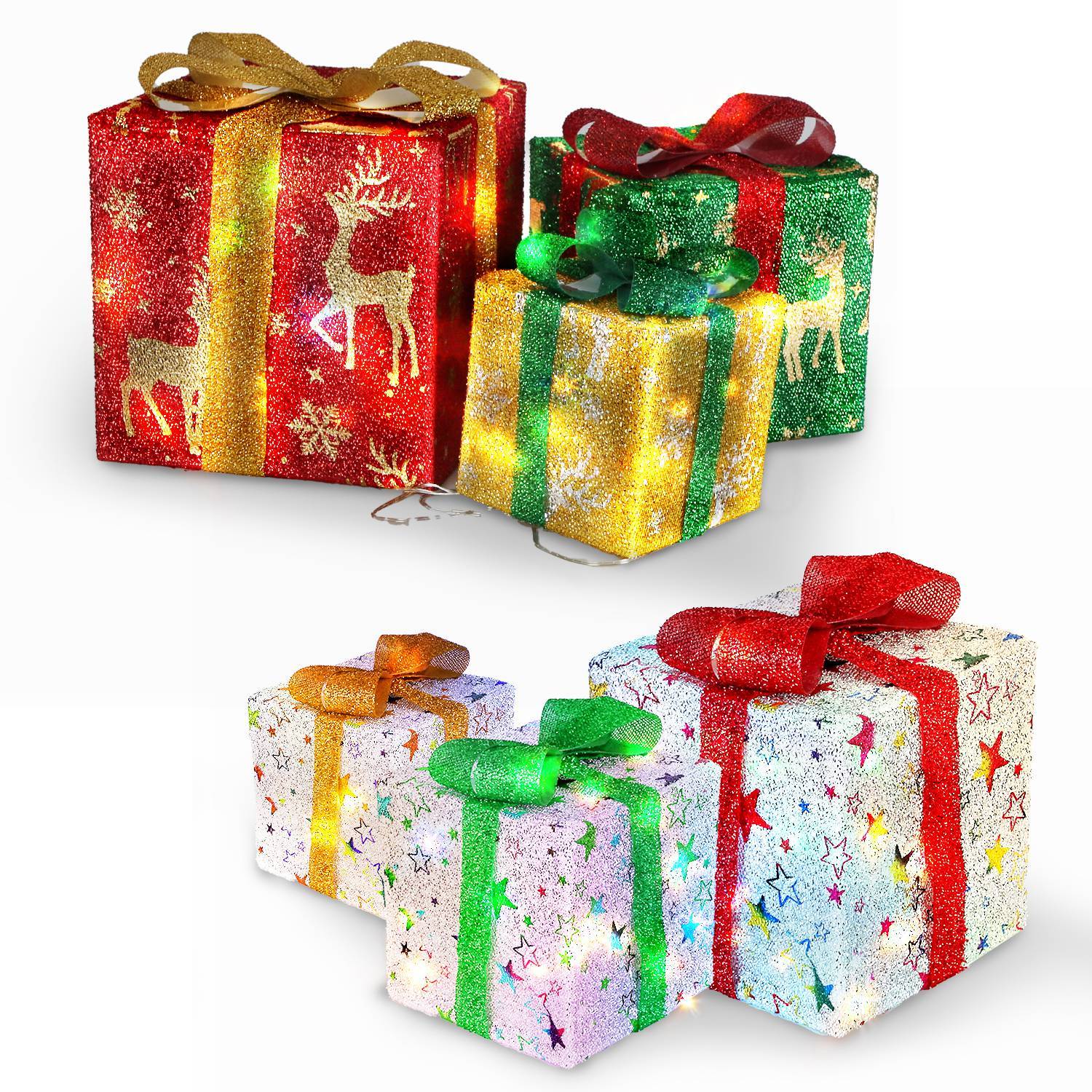 Star-Deer Pattern Options -- Set Of 3 Christmas Lighted Gift Boxes Xmas Present Ornament 50 LED Christmas Box Decorations With Ribbon Bows IP44 Waterproof Battery Powered For Indoor Outdoor Decor