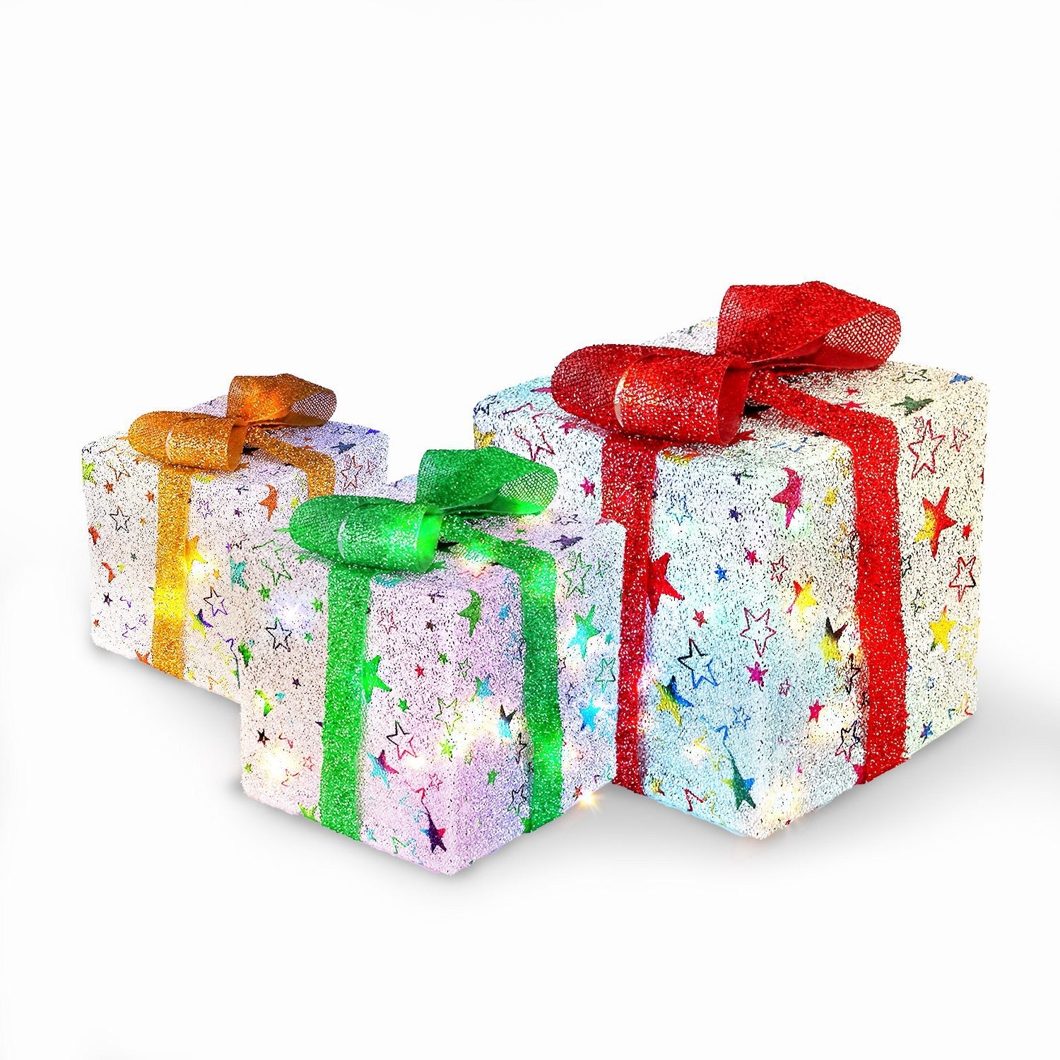 Star-Deer Pattern Options -- Set Of 3 Christmas Lighted Gift Boxes Xmas Present Ornament 50 LED Christmas Box Decorations With Ribbon Bows IP44 Waterproof Battery Powered For Indoor Outdoor Decor
